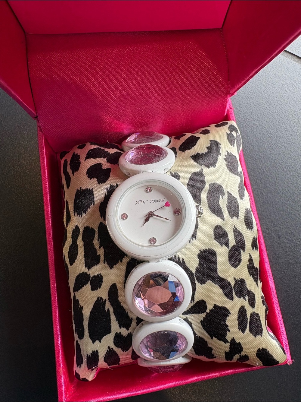 Vintage Betsey Johnson White Watch with Pink Gemstones